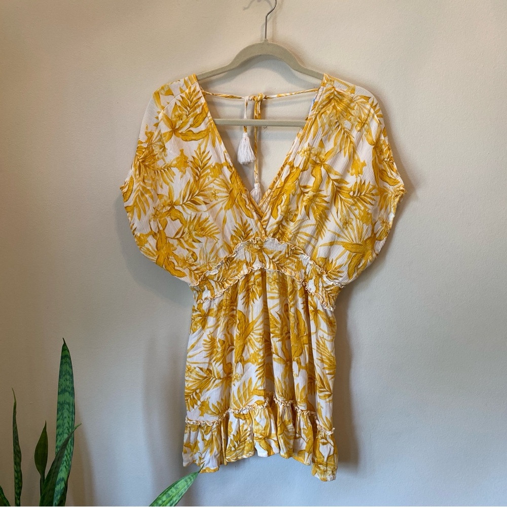 Blue Island Yellow & White Floral Print Tropical Swim Coverup Dress Size M